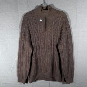 Reiss Mens XL Brown Cable Knit Quarter Zip Sweater Cotton Wool Blend Mock Neck